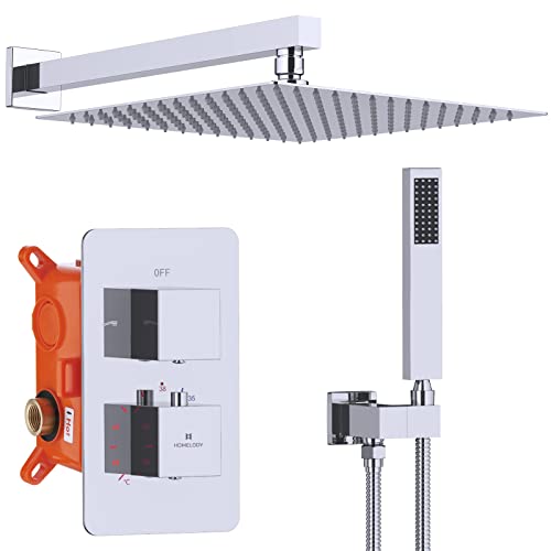 HOMELODY Regendusche Duschsystem mit Thermostat Unterputz Duscharmatur Eckig, Duschamaturenset Chrom Duschset Dusche 12 Zoll Kopfbrause,Anti-Verbrühungs-Duschsystem inkl.Handbrause,Messingkörper von HOMELODY