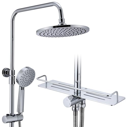 HOMELODY Regendusche Duschsystem ohne Armatur mit Ablage, Regendusche mit Edelstahl Duschkopf Rund, Chrom Überkopfbrause Duschstange Duschset Duschsäuleset SUS304 von HOMELODY