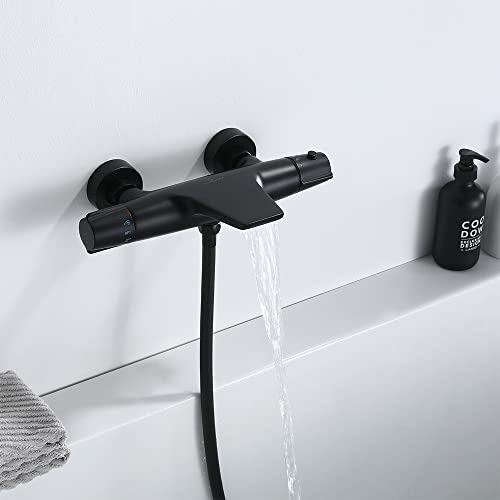 Homelody Wasserfall Badewannenarmatur Thermostat Schwarz Wannenarmatur Wannenbatterie Wandmontage Wasserhahn Badewanne Armatur Wannenthermostat für Badzimmer von HOMELODY