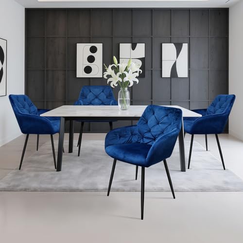 HOMELUX Esszimmerstuhl 4er Set, Polsterstuhl mit Armlehnen, Sitzfläche aus Samt & Metallbeine, Küchenstuhl Wohnzimmerstuhl Stühle, Blau von HOMELUX
