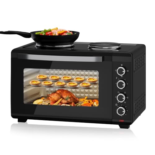 HOMELUX Minibackofen mit Kochplatten & Drehspieß 48L, Mini Backofen mit Herdplatte Hähnchengrill, Ober-/Unterhitze 100-230°C, 3600W, Mini Ofen Geeignet für Camping & Kleinküchen von HOMELUX