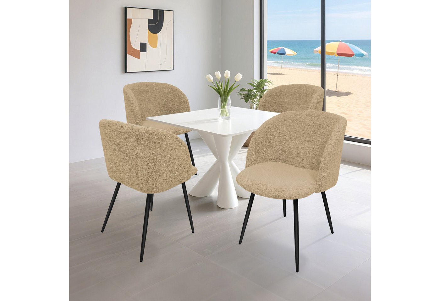 HOMELUX Polsterstuhl Esszimmerstuhl 2/4 Set, Küchenstuhl mit Armlehnen & Metallbeine (Sessel modern für Wohnzimmer, Esszimmer, Schminktisch, 4 St), Teddy Stoff von HOMELUX