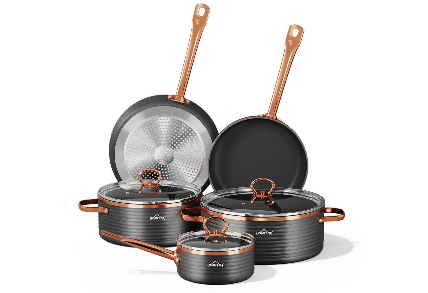 HOMELUX Topf-Set Induktions Töpfe Set, Antihaftbeschichtung,für alle Herde, Aluminium (Set, 8-tlg., 2 Pfannen+2 Kochtöpfe+1 Kasserolle), induktion von HOMELUX