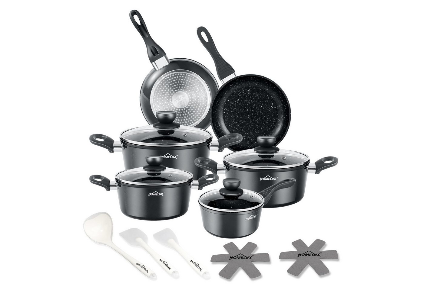 HOMELUX Topf-Set Induktions Töpfe Set Classic Antihaftbeschichtung Kochtopfset, Aluminium (Set, 15-tlg., 4 Töpfe mit Glasdeckel + 2 Pfanne), Induktionsgeeignet von HOMELUX