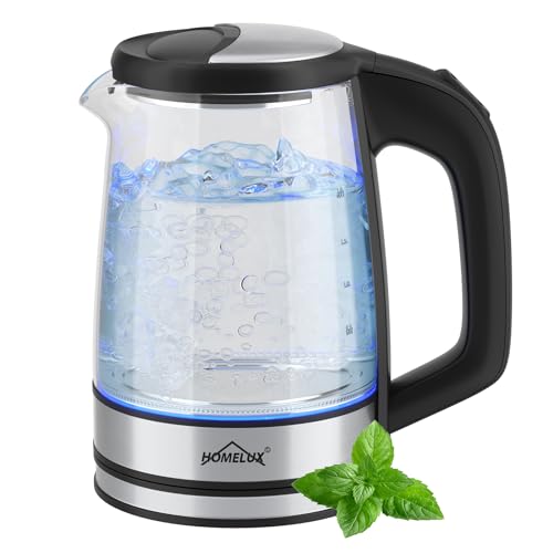 HOMELUX Wasserkocher Glas 1500 Watt 1,8 Liter, Electric Kettle Mit Led-Beleuchtung, Glas wasserkocher Edelstahl, Wasser Kocher Bpa Frei, 360° Basis, Abschaltautomatik Trockenschutz von HOMELUX