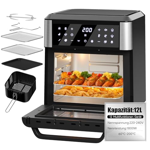Heißluftfritteuse 12L mit LED-Touchscreen,12 Kochprogramme,Heißluftfritteuse mit drehfunktion,Temperaturregelung 60-200°C,Airfryer XXL mit 6 Zubehör,Heißluftofen, Minibackofen von HOMELUX