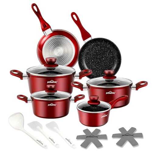 Topfset HOMELUX 15tlg Induktions Töpfe Set,Aluminiumguss Kochtopfset,Antihaftbeschichtung Pfannenset,Töpfe Set mit Deckel,PFOA frei Topfset Induktion für Induktion alle Herde,Rot (HLCW15RD) von HOMELUX
