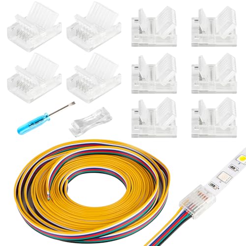 HOMELYLIFE 6-polige LED-Streifenverbinder, lötfrei, 10 Stück mit 5 m Verlängerungskabel, 6 Leiter für wasserdichte oder nicht wasserdichte 12 mm breite LED-Lichtstreifen, transparente von HOMELYLIFE
