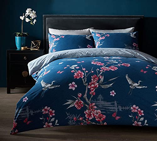 Bettwäscheset für Einzelbett, japanische rosa Blüten, Bettbezug und Kissenbezüge, Blau von HOMEMAKER BEDDING
