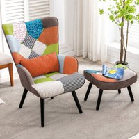 Relaxsessel mit Hocker Patchwork Sessel Ohrensessel Holz Sessel Wohnzimmer, moderner Fernsehsessel Loungesessel Stuhl Patchwork Leinen Massivholzfüße von HOMEMIYN