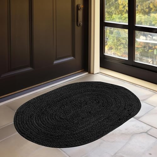 HOMEMONDE Wendbarer ovaler Jute-Teppich – handgewebte Naturfaser – geflochtene Bauernhaus-Teppiche für Eingang/Haustür/Veranda/Meditationsmatte/Heimdekoration (0,6 x 0,9 m, schwarz) von HOMEMONDE