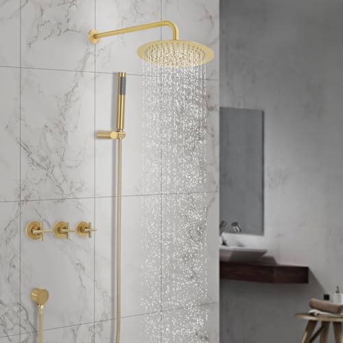 10-Zoll-Brausegarnitur mit Handbrause Unterputz Duschset ohne Armatur 2 in 1 Edelstahl Duschsystem mit großer Regendusche und Handbrause 25X25cm Wandmontage Runder Regenduschkopf (Gold) von HOMEONENIC
