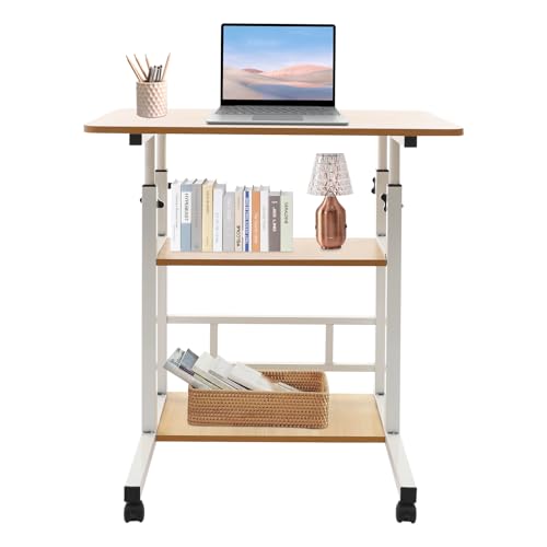 3-Stufiger Mobiler Schreibtisch 60x40cm Höhenverstellbarer Arbeitszimmer-Laptoptisch Verstellbarer Schreibtisch mit Universalrädern PC-Workstation mit 2-Stufigem Regal Stehpult (Weiße Eiche) von HOMEONENIC