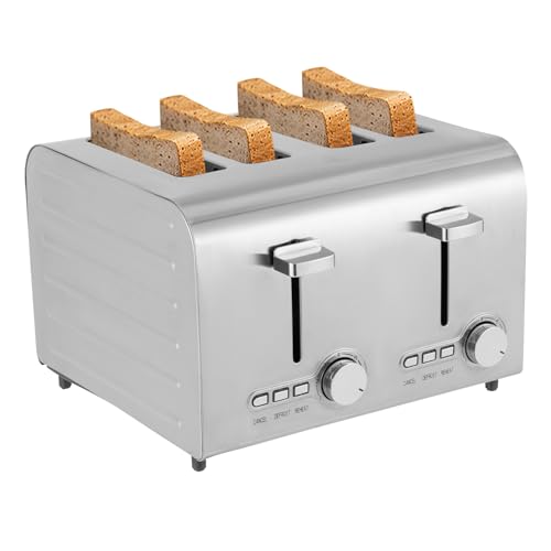 4-Scheiben-Toaster 1500W 27.8x28x19.3cm Brotbackautomat mit 7 Temperaturstufen Toaster aus Edelstahl 4 breite Schlitze Abbruch, Auftauen und Aufwärmen Dreifachfunktion Home bread maker von HOMEONENIC