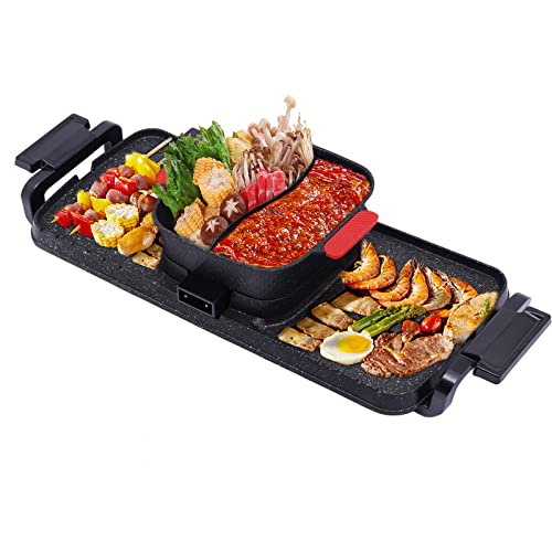 Elektrischer Hot Pot 2200W Elektrogrill Hot Pot Grill 2 in 1 Barbecue Heißtopf 80x24.5x18cm Innen Koreanisch BBQ Heißtopf mit Grill Multifunktion Rauchfrei Herd Mit 5-stufiger Temperaturregelung von HOMEONENIC