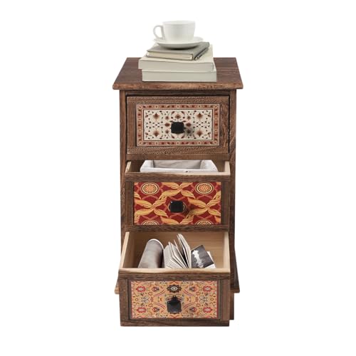 HOMEONENIC 3 Stöckiger Vintage Aufbewahrungsschrank 30x30x63cm Shabby Chic Vintage Look Schubladenkommode Retro Turm mit 3 Schubladen Lagerschrank für Wohnzimmer Schlafzimmer Büros (Braun, Bunt) von HOMEONENIC