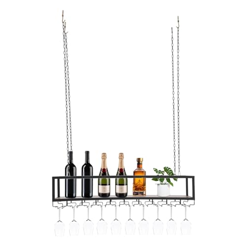 Hängendes Weinglasregal Decke Weinglasregale Hängendes Weinregal mit Glashalter und Regal 100x25x22cm Tragfähigkeit 75kg Verstellbarer Industrieller Hängender Weinflaschenhalter Mit Leitplanke von HOMEONENIC