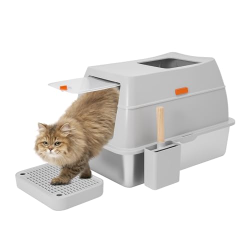 Katzenklo Geschlossene Katzentoilette 20L 40x60x38cm Edelstahl Katzentoilette mit Deckel Stainless Steel Cat Litter Box Geschlossen Katzen Klo Hohe Rand mit Schaufel Matte Trettstufe Zwei Eingänge von HOMEONENIC