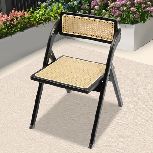 Klappstühle Rattan Faltbarer Massivholz Rattanstuhl mit 360° Drehbarer Rückenlehne 52x57x79cm bis 100kg Zusammenklappbarer Rattan-Esszimmerstuhl Boho-Stil Stühle für Wohnzimmer Garten (Schwarz) von HOMEONENIC