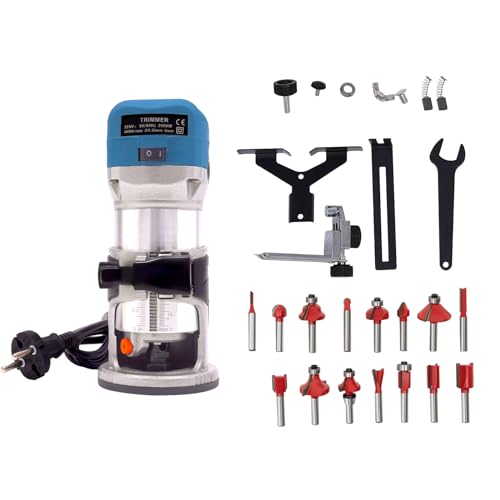 Kompaktes Router-Kit 2000W 40,000r/min 6 variable Geschwindigkeiten Holz Trimmer mit 15xFräser-Bits Trimmer-Router-Werkzeug 9x20cm Multifunktionsfräse Laminate Kantenfräsen für Schnitzen Fräsen von HOMEONENIC