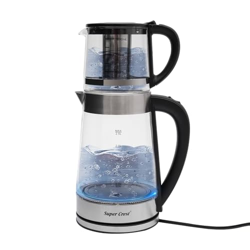 Teekocher Elektrisch 1800W Tragbarer Heißwasserkocher 2.5L+1L Teekocher mit Warmhaltefunktion und Teetrichter 16x36cm Elektrischer Glas-Wasserkocher mit Trockengehschutz Auto-Off Schnelles Aufheizen von HOMEONENIC