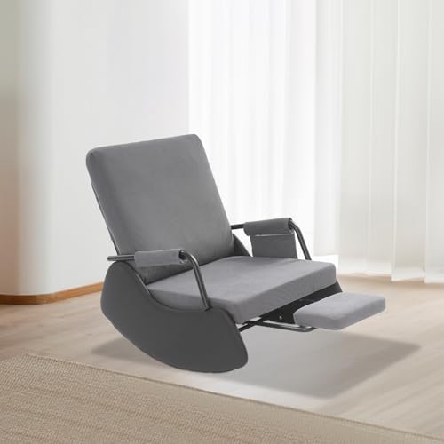 Verstellbarer Schaukelstuhl Rocking chair Mit 3-stufig verstellbarer Rückenlehne Kohlenstoffstahl Liegestuhl mit Armlehnen&Fußstütze Belastbarkeit 200kg für Schlafzimmer (Dunkelgrau+Schwarzfarbe) von HOMEONENIC