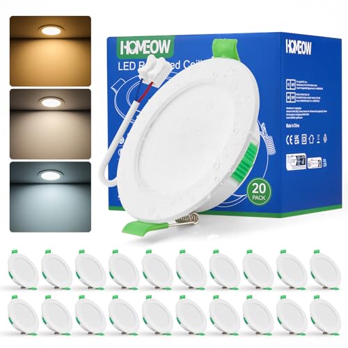 HOMEOW 20er Set LED Einbaustrahler 230V, 5W 400LM LED Spot 68mm - 78mm Lochmaß, IP44 Warmweiß Neutralweiß Kaltweiß Deckenspots, 24mm Ultra Flach Einbauleuchten für Badezimmer Küche von HOMEOW