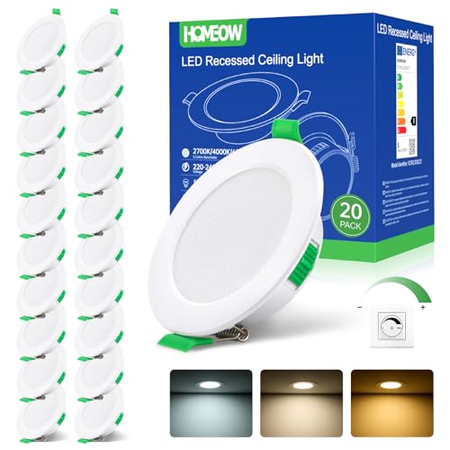HOMEOW 20er Set LED Einbaustrahler 230V Dimmbar, Led Spots 5W 400LM Warmweiß Neutralweiß Kaltweiß, IP44 Einbaustrahler LED 68mm -78mm Lochmaß, 24mm Ultra Flach Deckenspots für Badezimmer Küche von HOMEOW