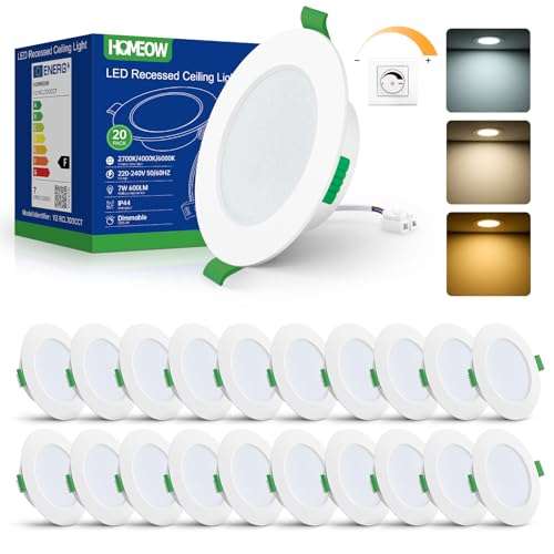 HOMEOW 20er Set LED Einbaustrahler 230V Dimmbar Flach, 7W LED Spot IP44 Deckenspots LED Warmweiß 2700K Neutralweiß 4000K Kaltweiß 6000K, Spots Deckenleuchte LED für Badezimmer Wohnzimmer Küche von HOMEOW