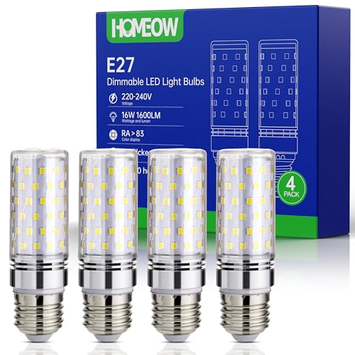 HOMEOW E27 LED Glühbirne Dimmbar Kaltweiss 6000K, 16W LED E27 Mais Birne Lampen Ersetzt 150W, LED Leuchtmittel E27 1600LM, AC 220-240V, 4 Stück von HOMEOW