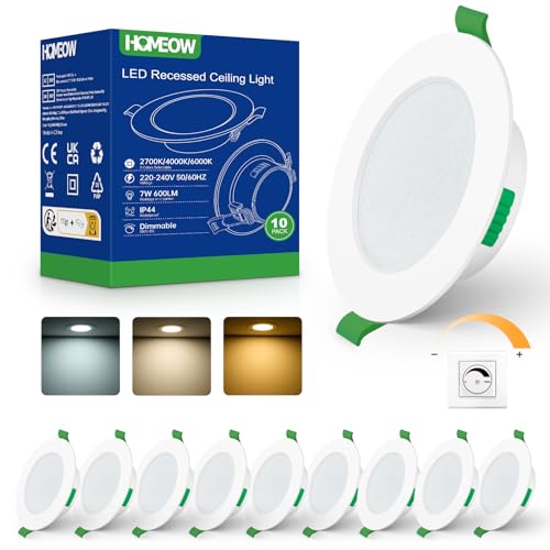 HOMEOW LED Einbaustrahler 230V Dimmbar 7W, LED Spots 75–90mm Lochmaß, Warmweiß Neutralweiß Kaltweiß Led Einbauleuchten Deckenspots Einbauspots Spotlight Ultra Flach IP44 für Badezimmer, 10er Set von HOMEOW