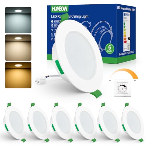 HOMEOW LED Einbaustrahler 230V Flach 7W 600LM, Dimmbar LED Spots Warmweiß 2700K Neutralweiß 4000K Kaltweiß 6000K, IP44 Einbauleuchten für das Bad, 75-90MM Lochmass, 6er Set von HOMEOW