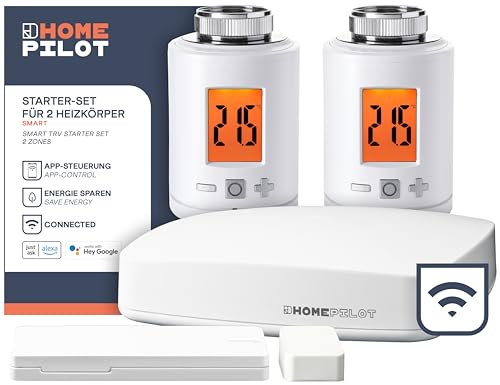 HOMEPILOT Heizung Smart-Home Starter-Set - 2X Heizkörper-Thermostat, 1x Fensterkontakt + Gateway Premium, Zentrale inkl. App & Sprachsteuerung (Google & Alexa kompatibel) von HOMEPILOT