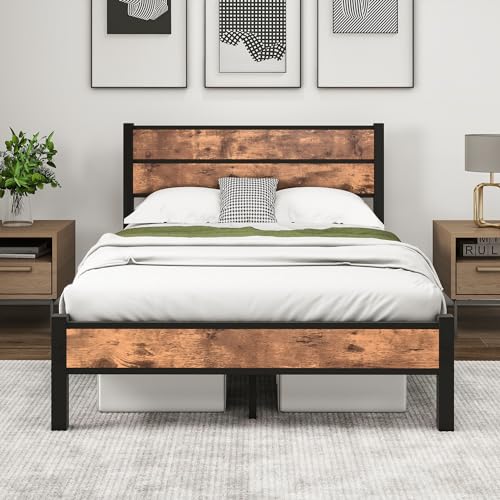 HOMERECOMMEND 120x200 Metallbett Bettgestelle mit Lattenrost mit Holz Kopfteil und Fußteil Heavy Duty Metall Plattform Bettrahmen Schwarz+Braun von HOMERECOMMEND