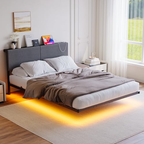 HOMERECOMMEND Bett 120 x 200 cm,Schwebender visueller Effekt,Bettrahmen mit LED-Beleuchtung und Ladestation,Doppelbettgestell mit Stauraum Kopfteil & Lattenrost,hohem Kopfteil,Dunkelgrau von HOMERECOMMEND