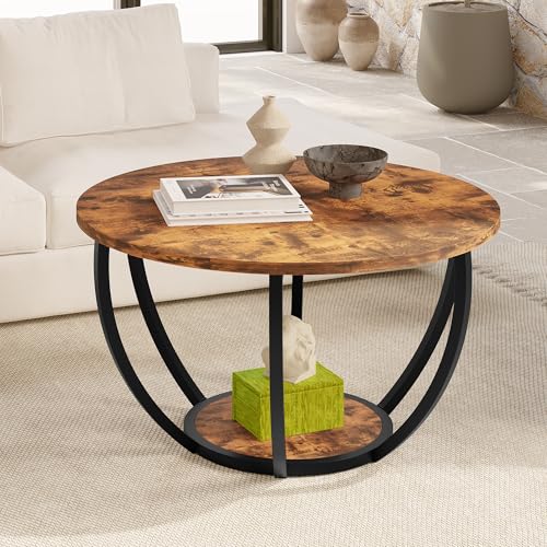 HOMERECOMMEND Round Coffee Table,Runde Couchtisch,2-Tier-Kreis Couchtisch mit Lagerung Regale,Wohnzimmertisch,Sofatisch Tische für Heimbüro,Rustikales Braun von HOMERECOMMEND