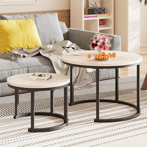 HOMERECOMMEND Couchtisch Rund 2er Set, Wohnzimmertisch Klein, Beistelltisch, Nachttisch, Sofatisch, Satztische for Wohnzimmer, Couchtisch Satztische fürs Wohnzimmer Holz Sofatisch Rund, weiß Eiche von HOMERECOMMEND