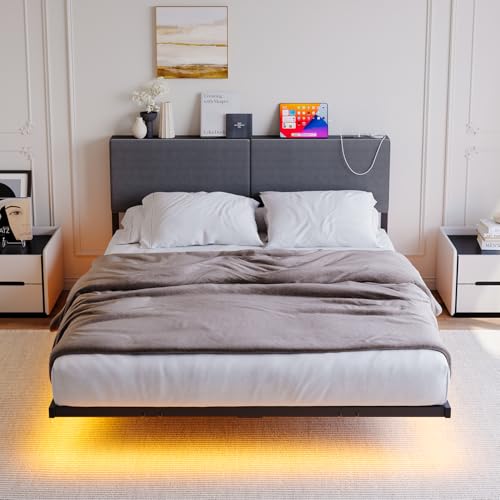 HOMERECOMMEND Schwebender Doppelbettrahmen mit USB-Ladestation, LED-Bettrahmen mit Holz-Kopfteil, Metall-Plattform-Bettgestell, kein Boxspringbett erforderlich, starke Lattenstütze, einfache Montage HOMERECOMMEND Schwebender Doppelbettrahmen mit USB-Ladestation, LED-Bettrahmen mit Holz-Kopfteil, Metall-Plattform-Bettgestell, kein Boxspringbett erforderlich, starke Lattenstütze, einfache Montage von HOMERECOMMEND