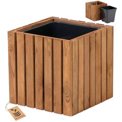 HOMERZO Blumenkasten für innen und außen Pflanzen-Übertopf aus Holz mit Kunststoff-Pflanzeneinsatz 18 l Blumentopf eckig für Balkon oder Terrasse (36x36 h35) von HOMERZO