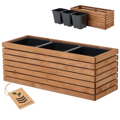 Blumenkasten Holz für Garten Balkon Terrasse Hochbeet Blumentopf XXL Pflanzkübel Groß Außen mit 18L Kunststoff-Pflanzeneinsatz Pflanzkasten Outdoor Braun (98x36 h35) von HOMERZO