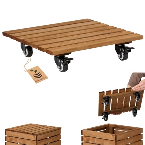HOMERZO Pflanzenroller witterungsbestaendig - 90 kg Tragkraft - Rollbrett Pflanzen - Untersetzer Blumentopf - Blumenroller - Rollen mit 2 Feststellern (Braun, 36 x 36 cm) von HOMERZO