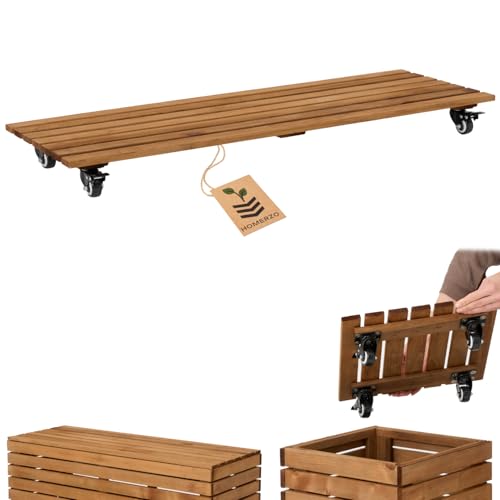 HOMERZO Pflanzenroller witterungsbestaendig - 90 kg Tragkraft - Rollbrett Pflanzen - Untersetzer Blumentopf - Blumenroller - Rollen mit 2 Feststellern (Braun, 98 x 36 cm) von HOMERZO