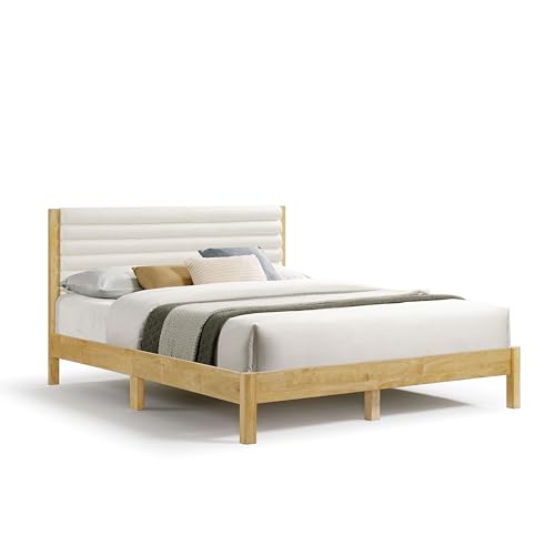 HOMES: Inside + Out Evadne Modernes Boucle Queen Plattform-Bettgestell mit horizontalem K, getuftetes Kopfteil und Massivholzlamellen, kein Boxspringbett erforderlich, für Schlafzimmer von HOMES: INSIDE + OUT
