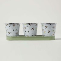 Homescapes - Blumentopf-Set Blumen & Bienen grün-weiß – 3 0,5l-Pflanztöpfe mit Tablett - Grün-Weiß von HOMESCAPES