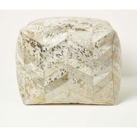 Chevron-Muster Patchwork-Pouf aus Leder & Fell creme-grau-gold, 50 x 40 cm - Homescapes von HOMESCAPES