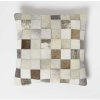 Homescapes - Fellkissen 45 x 45 cm kariert - Patchwork Kissen aus Fell & Leder mehrfarbig-grau - Mehrfarbig/Grau von HOMESCAPES