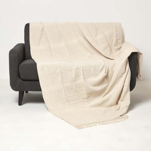 Homescapes Kashi Baumwolldecke 150x200 cm Creme, Überwurfdecke Sofa oder Bett, Couchdecke mit Fransen von Homescapes