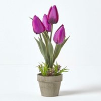 Kunstblumen Tulpen in Zellstoff Topf 27 cm hoch, lila - Lila - Homescapes von HOMESCAPES