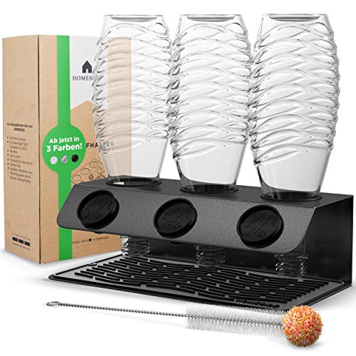 HOMESIDE® Flaschenhalter für SodaStream aus Edelstahl - SmartDry - Der Elegante Abtropfhalter für Soda Stream Crystal, Easy, Fuse, Emil UVM + Flaschenbürste & Abtropfmatte -schwarz- von HOMESIDE