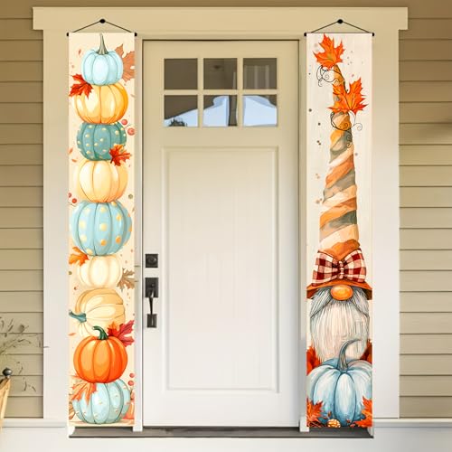 HOMETITUTE 2 Stück Zwerg Willkommen Herbst Veranda Banner Schild Set 30,5 x 180,9 cm Herbst Thanksgiving Dekoration Polka Dot Kürbis Tür Banner für Thanksgiving Herbst Home Tür Veranda Outdoor Dekor von HOMETITUTE